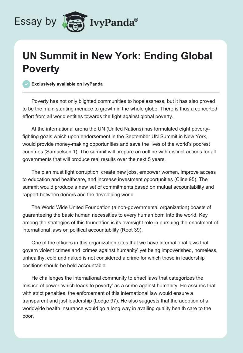 UN Summit in New York: Ending Global Poverty. Page 1
