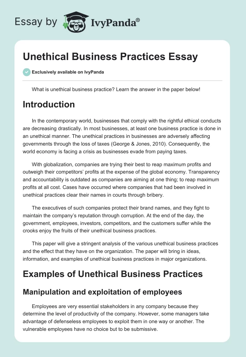 Unethical Business Practices Essay. Page 1