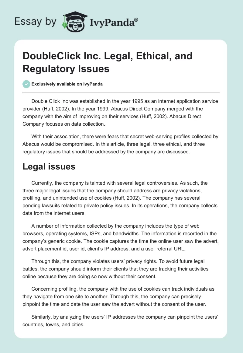 DoubleClick Inc. Legal, Ethical, and Regulatory Issues. Page 1