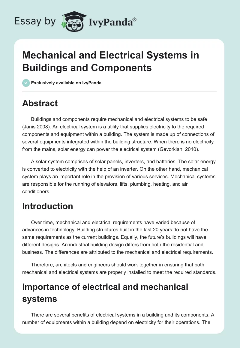Mechanical and Electrical Systems in Buildings & Their Components. Page 1