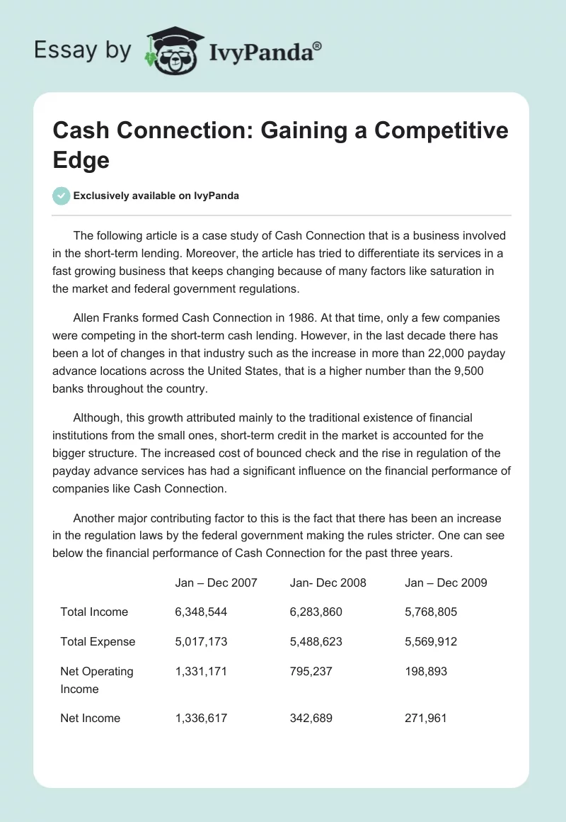Cash Connection: Gaining a Competitive Edge. Page 1