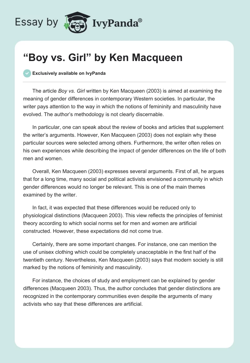 “Boy vs. Girl” by Ken Macqueen. Page 1