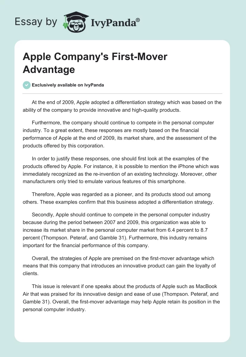 Apple Company's First-Mover Advantage. Page 1