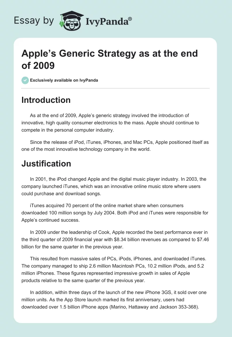 Apple’s Generic Strategy as at the End of 2009. Page 1