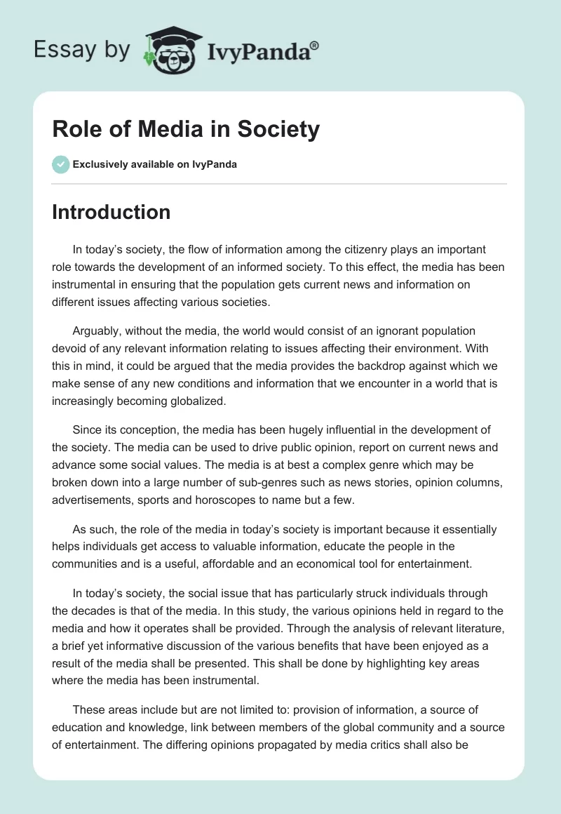 Role of Media in Society. Page 1