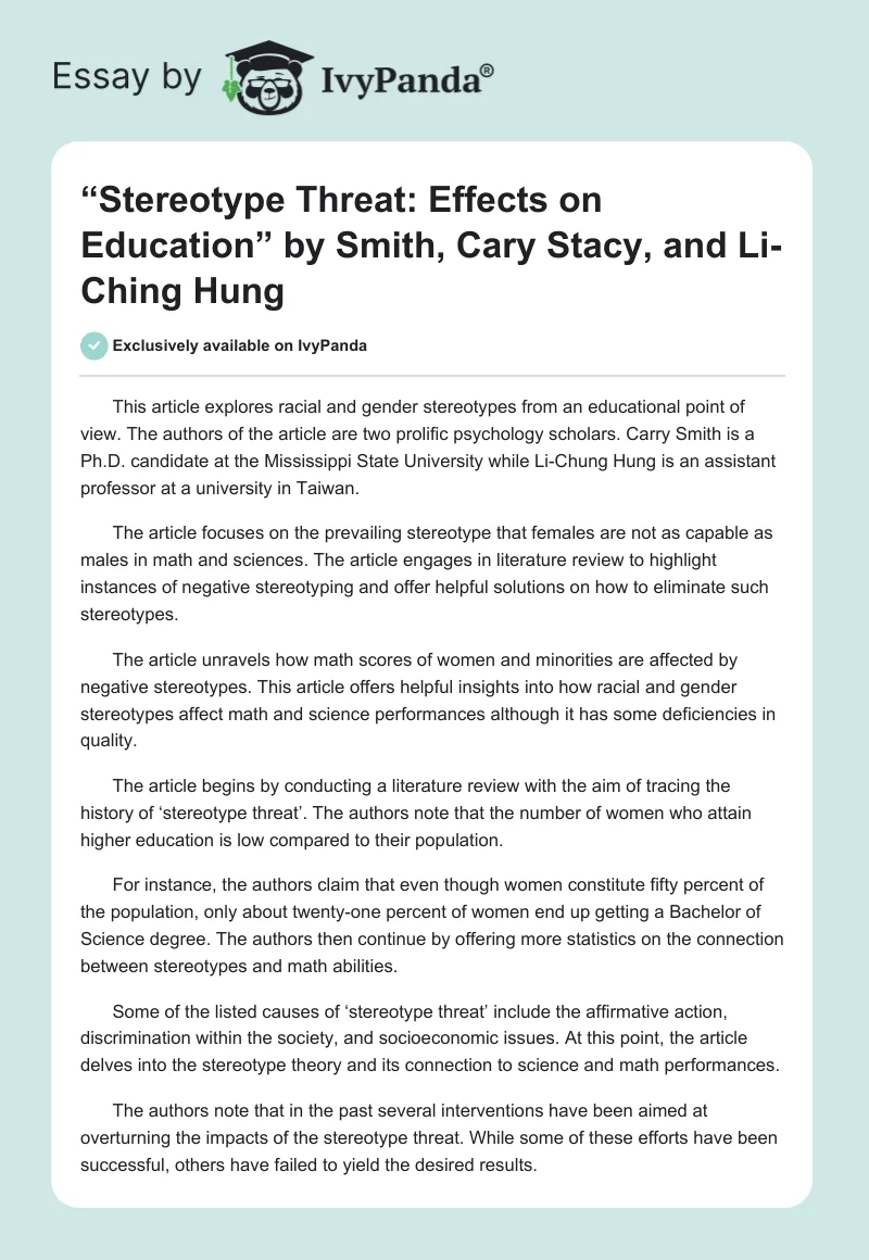 “Stereotype Threat: Effects on Education” by Smith, Cary Stacy, and Li-Ching Hung. Page 1