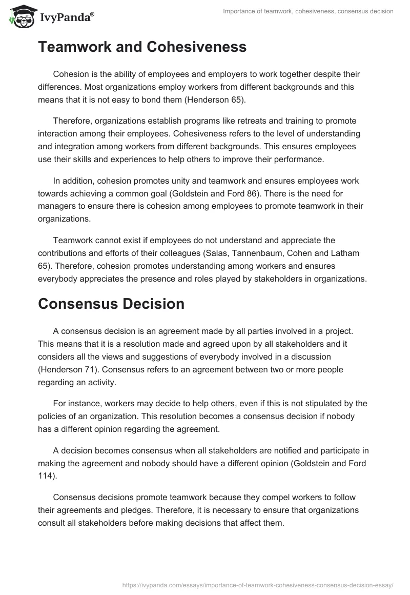 Importance of teamwork, cohesiveness, consensus decision. Page 2