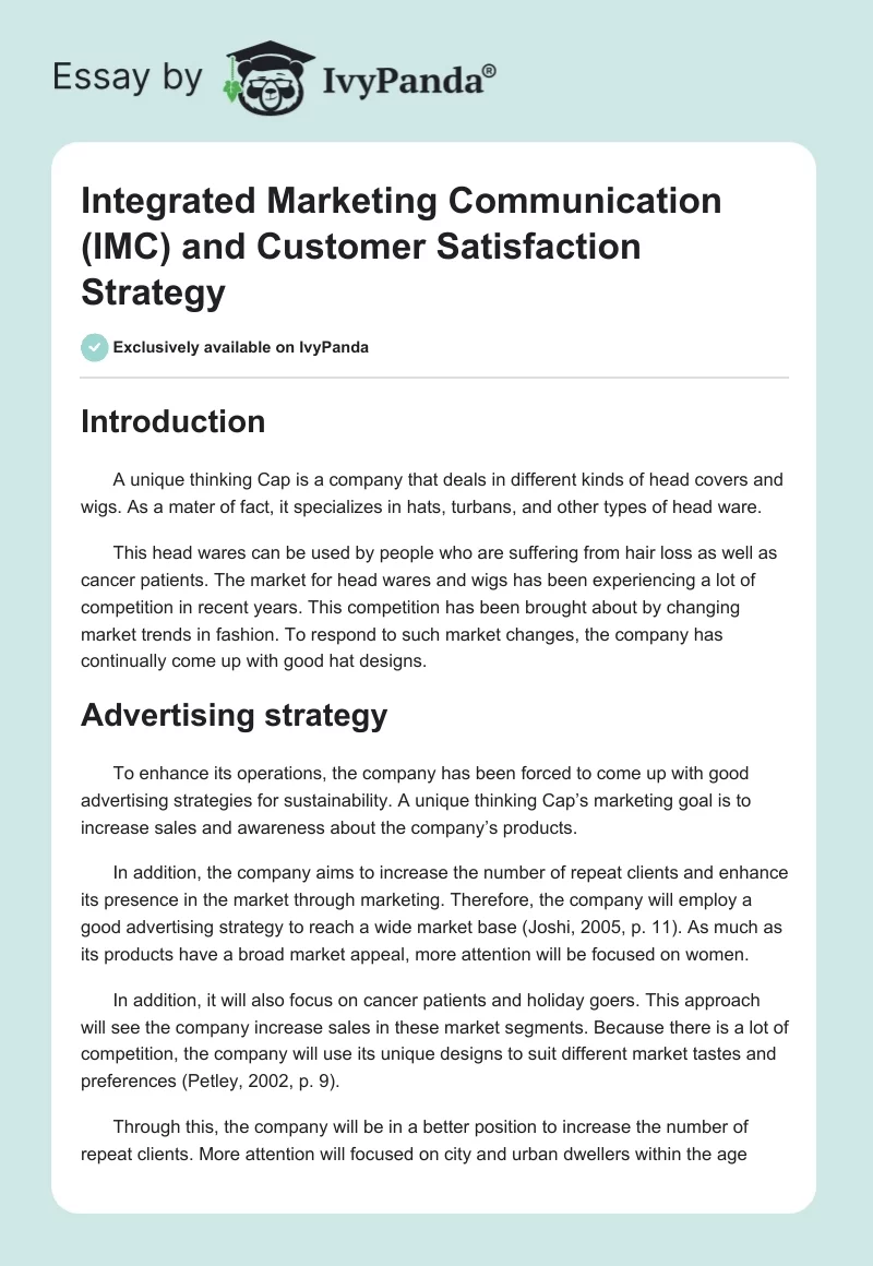 Integrated Marketing Communication (IMC) and Customer Satisfaction Strategy. Page 1