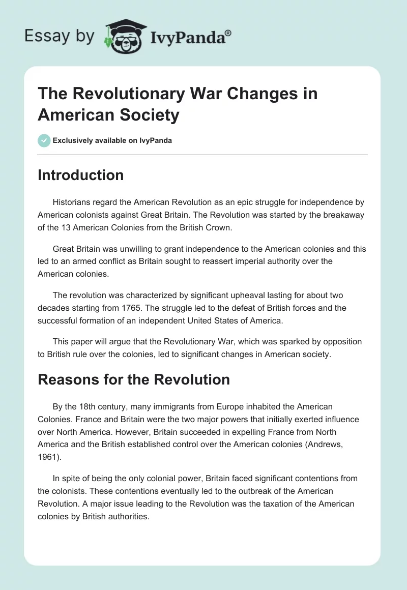 The Revolutionary War Changes in American Society. Page 1