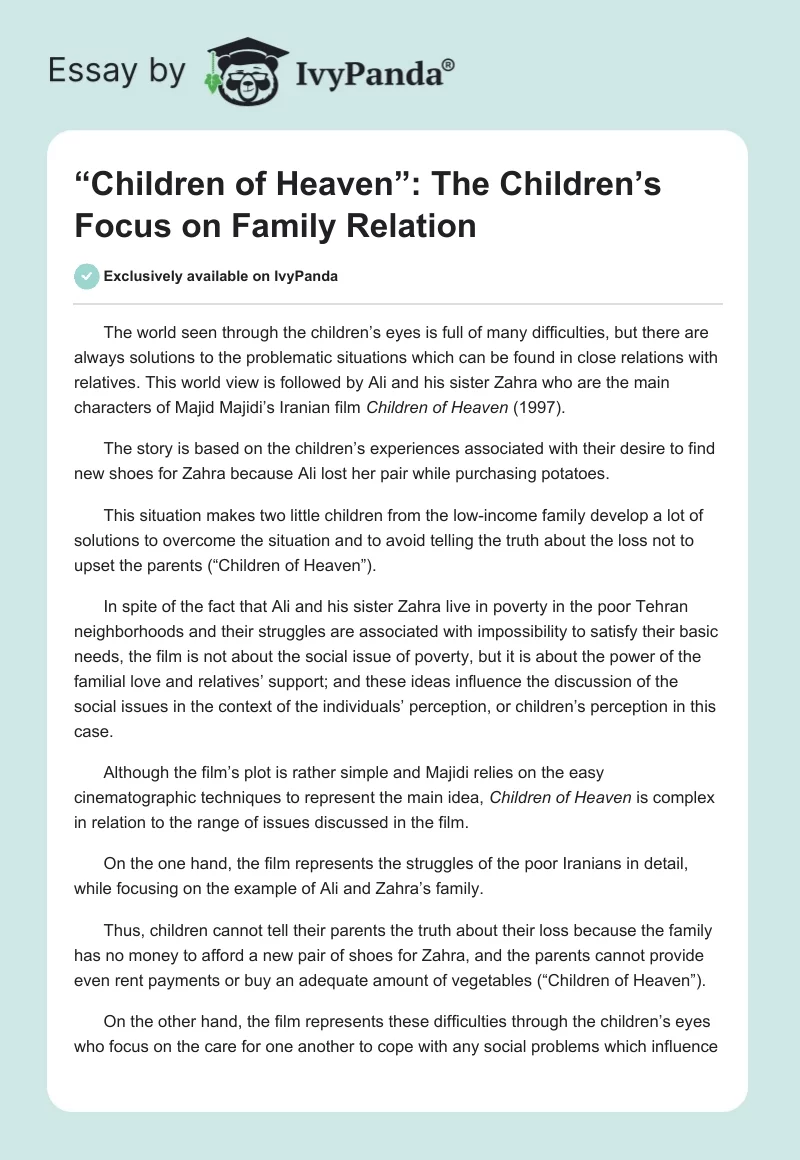“Children of Heaven”: The Children’s Focus on Family Relation. Page 1