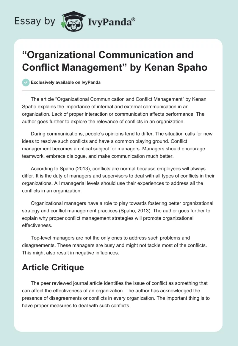 “Organizational Communication and Conflict Management” by Kenan Spaho. Page 1
