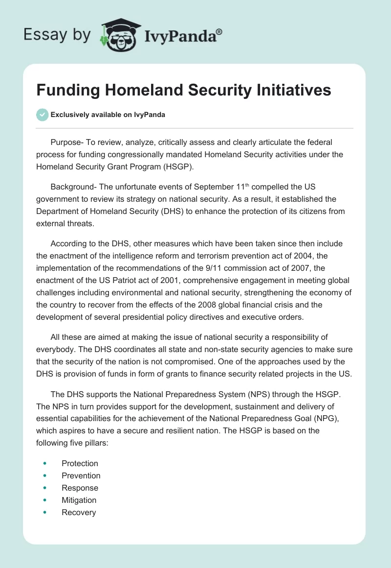 Funding Homeland Security Initiatives. Page 1