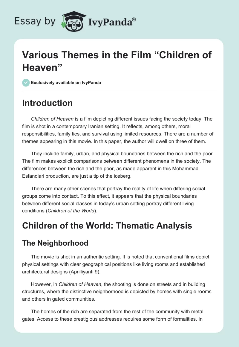 Various Themes in the Film “Children of Heaven”. Page 1