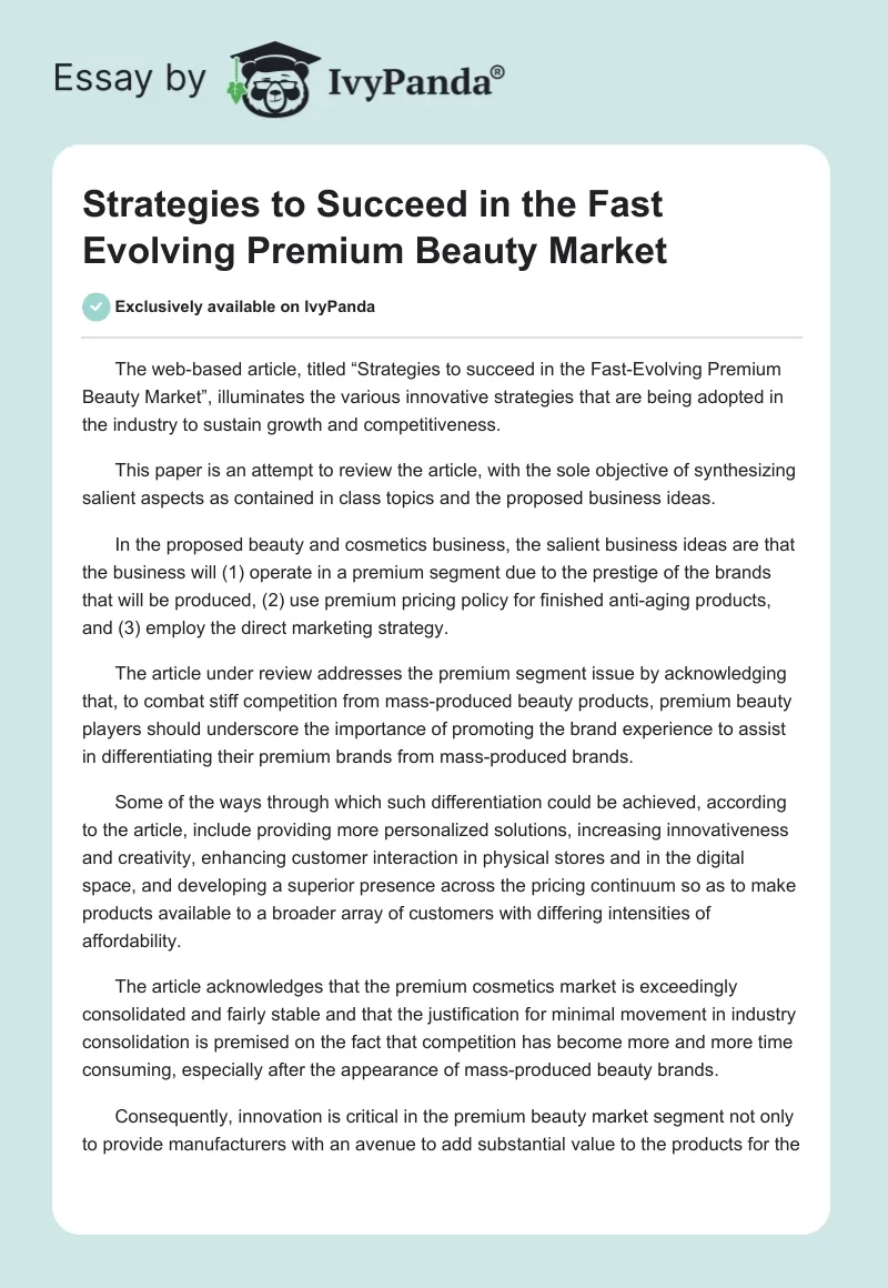 Strategies to Succeed in the Fast Evolving Premium Beauty Market. Page 1