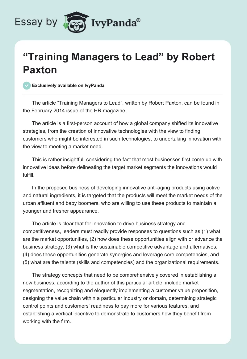 “Training Managers to Lead” by Robert Paxton. Page 1
