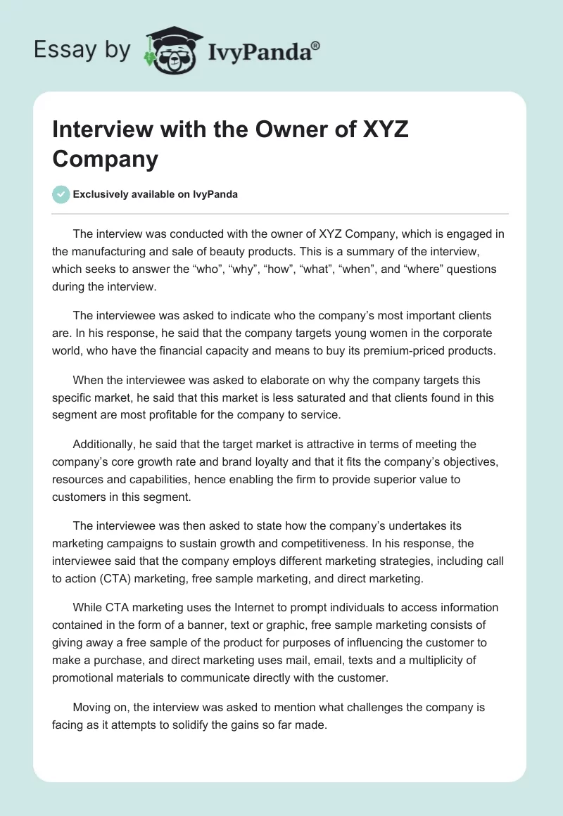 Interview with the Owner of XYZ Company. Page 1