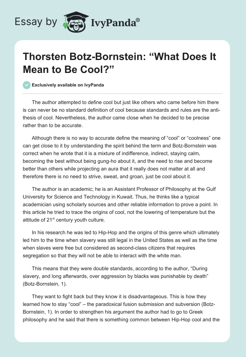 Thorsten Botz-Bornstein: “What Does It Mean to Be Cool?”. Page 1