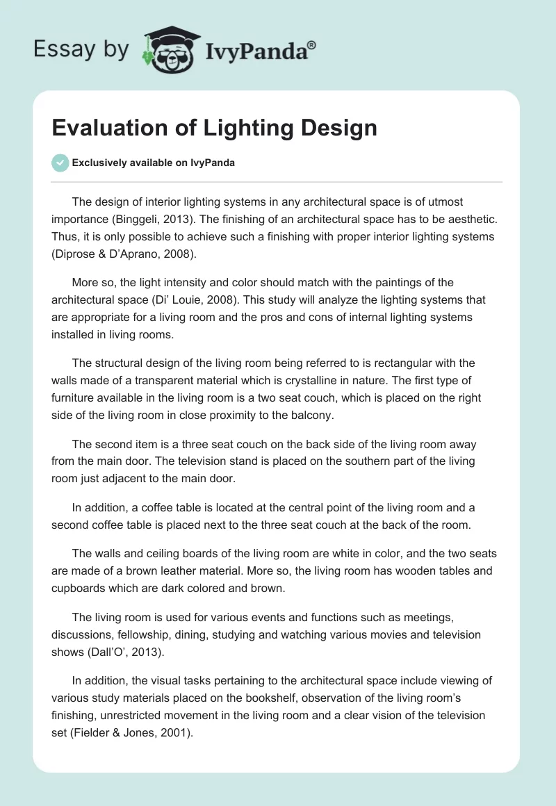 Evaluation of Lighting Design. Page 1