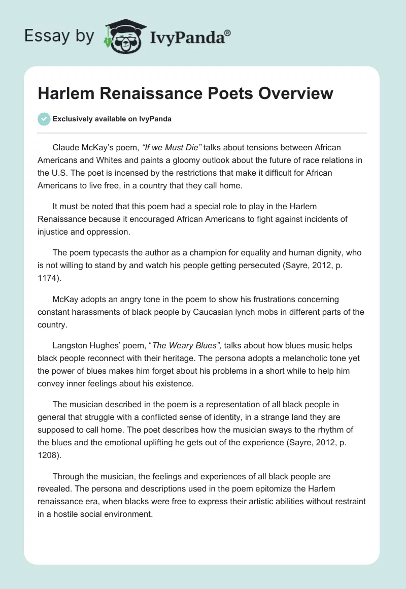 Harlem Renaissance Poets Overview. Page 1