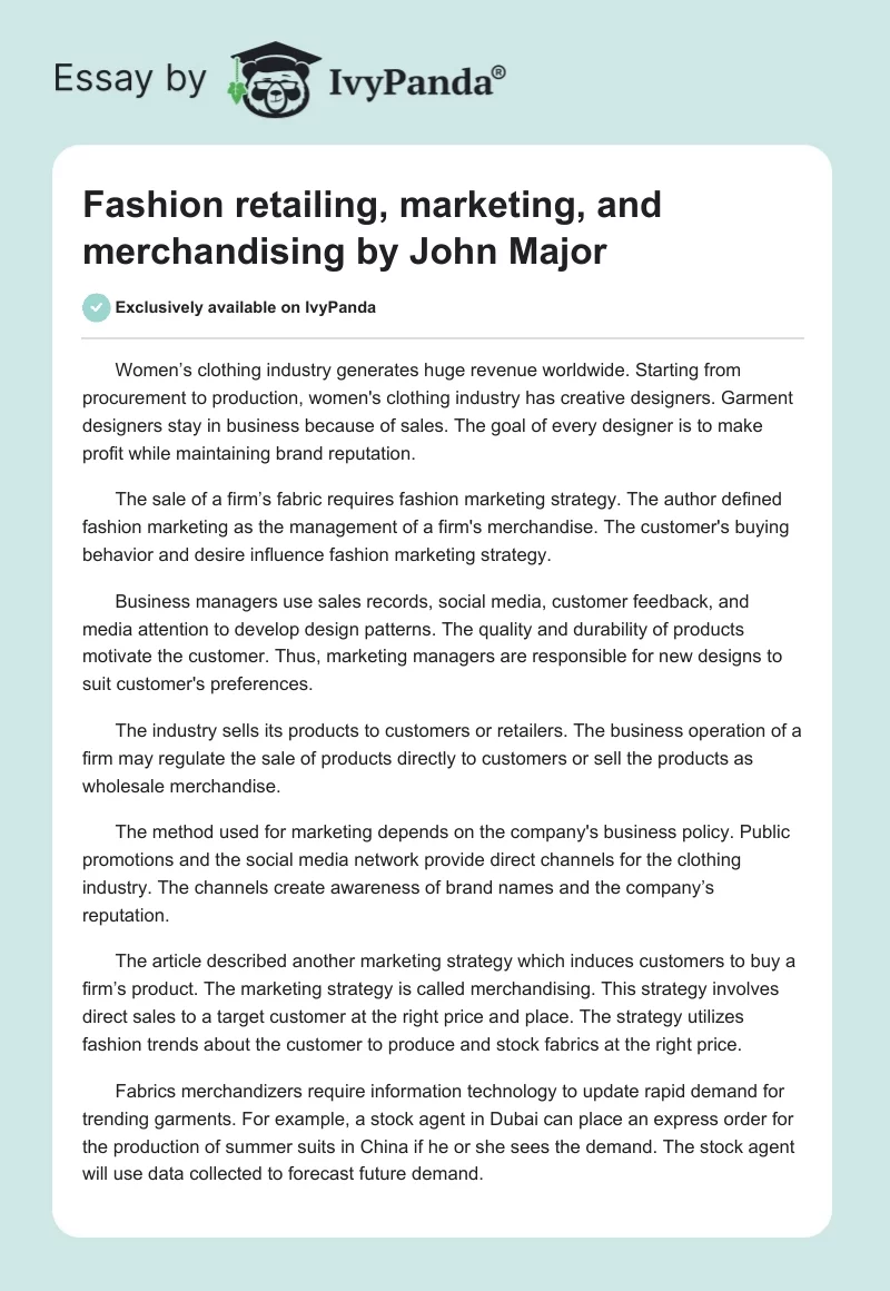 "Fashion retailing, marketing, and merchandising" by John Major. Page 1