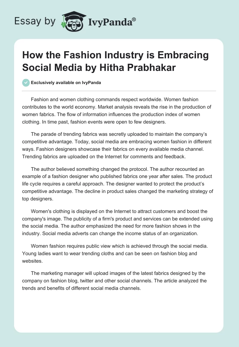 "How the Fashion Industry is Embracing Social Media" by Hitha Prabhakar. Page 1