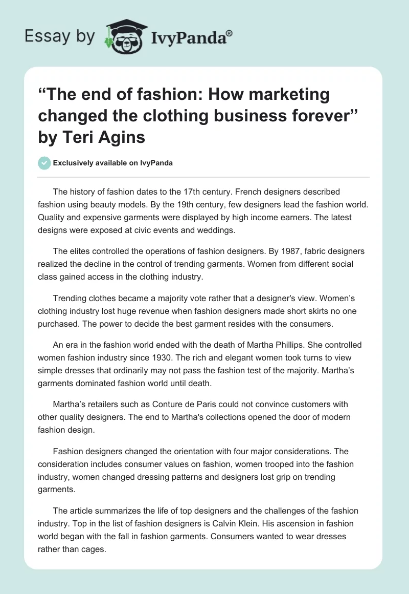 “The end of fashion: How marketing changed the clothing business forever” by Teri Agins. Page 1