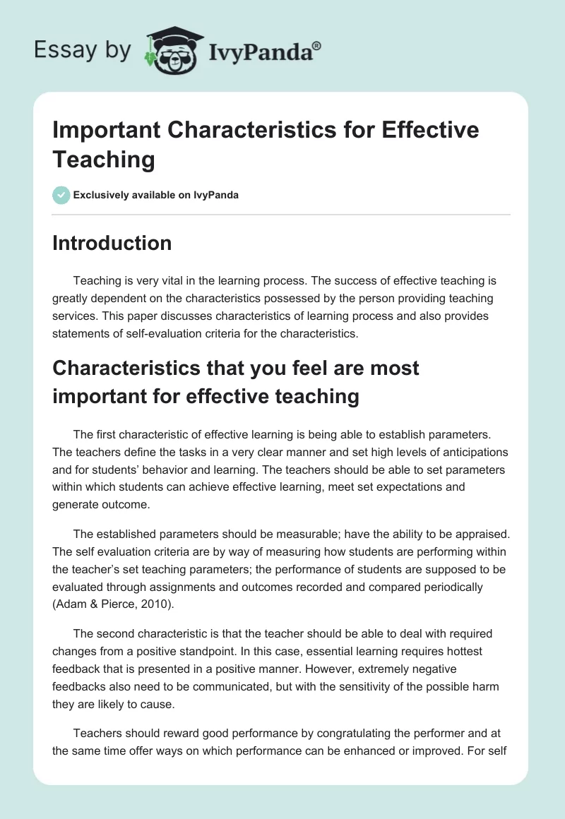 Important Characteristics for Effective Teaching. Page 1