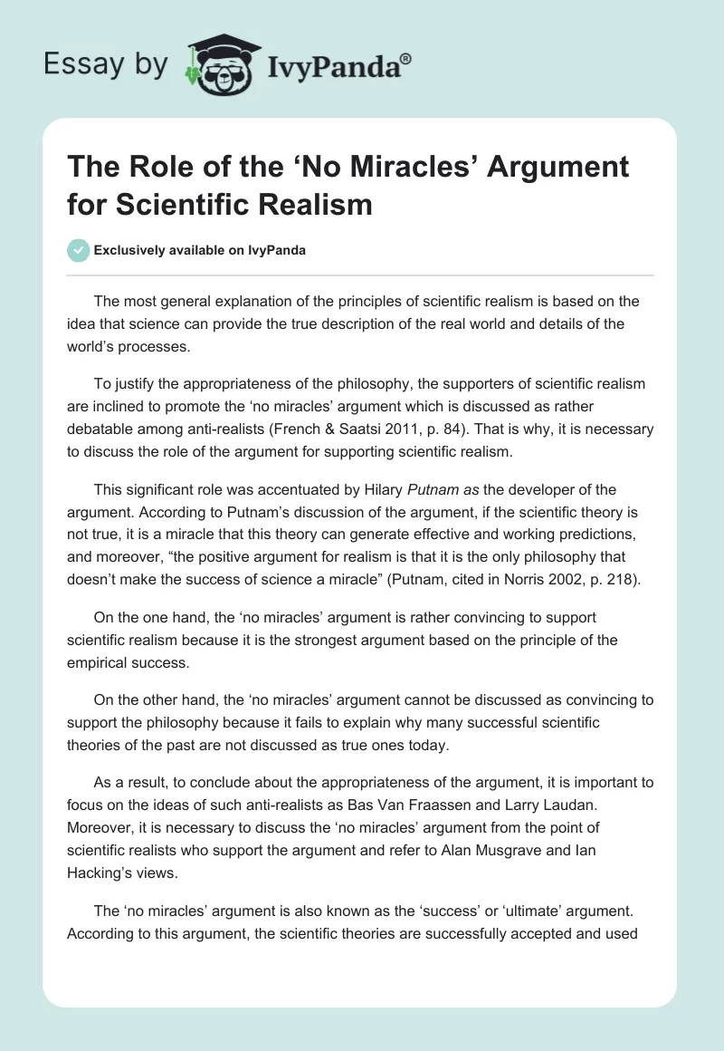 The Role of the ‘No Miracles’ Argument for Scientific Realism. Page 1
