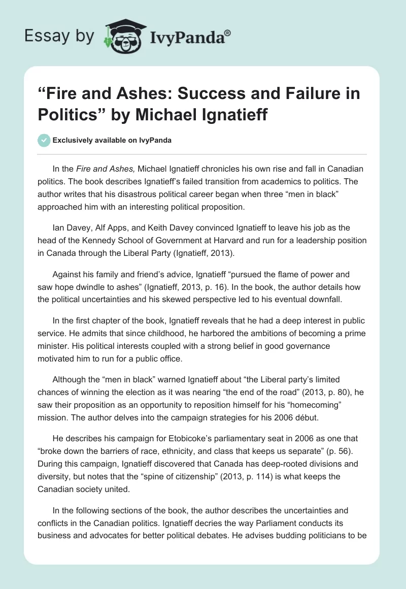 “Fire and Ashes: Success and Failure in Politics” by Michael Ignatieff. Page 1