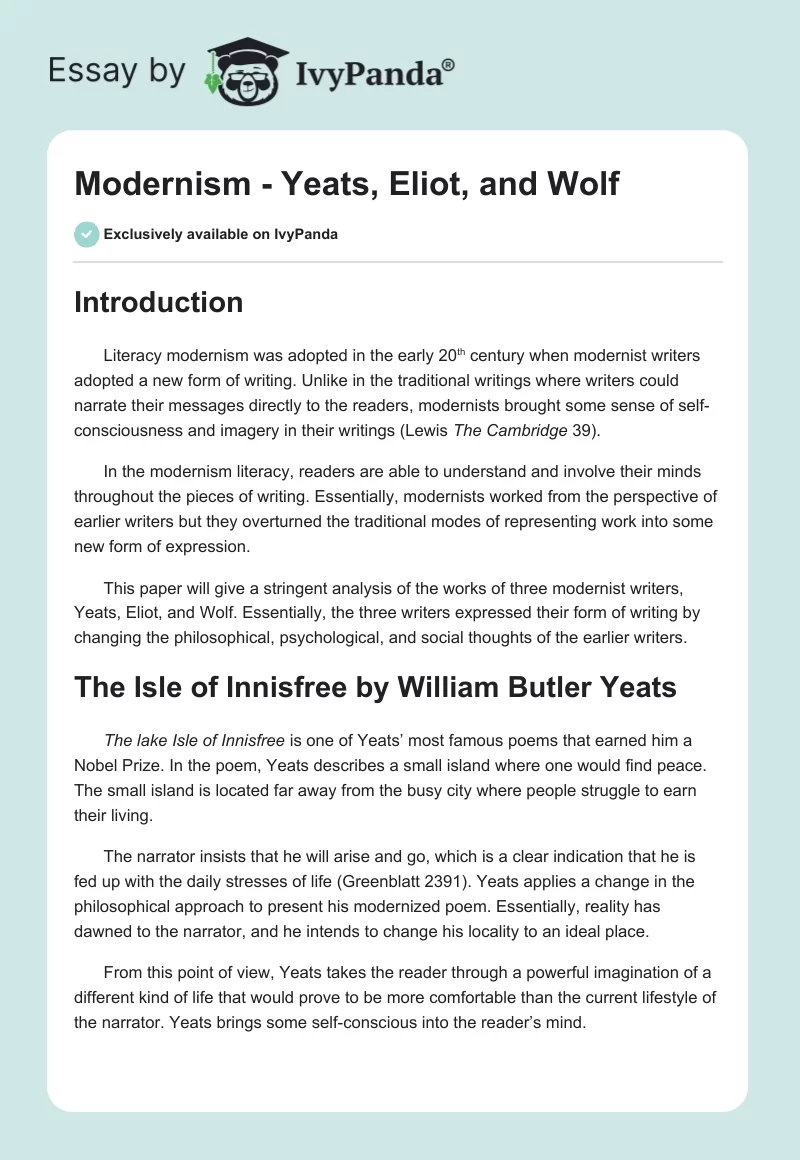 Modernism - Yeats, Eliot, and Wolf. Page 1