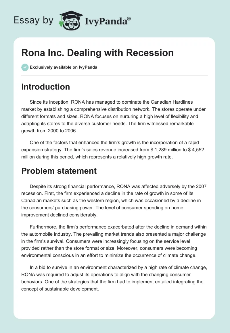 Rona Inc. Dealing with Recession. Page 1