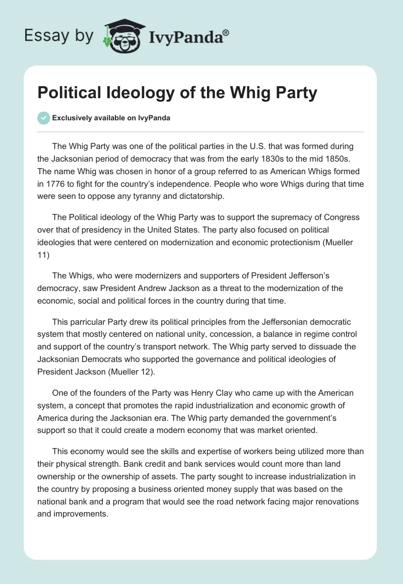 Political Ideology of the Whig Party. Page 1