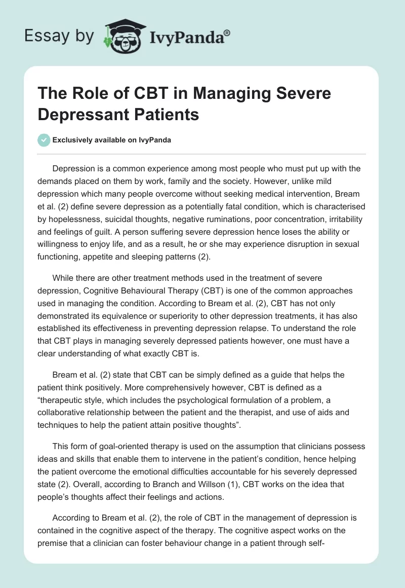 The Role of CBT in Managing Severe Depressant Patients. Page 1