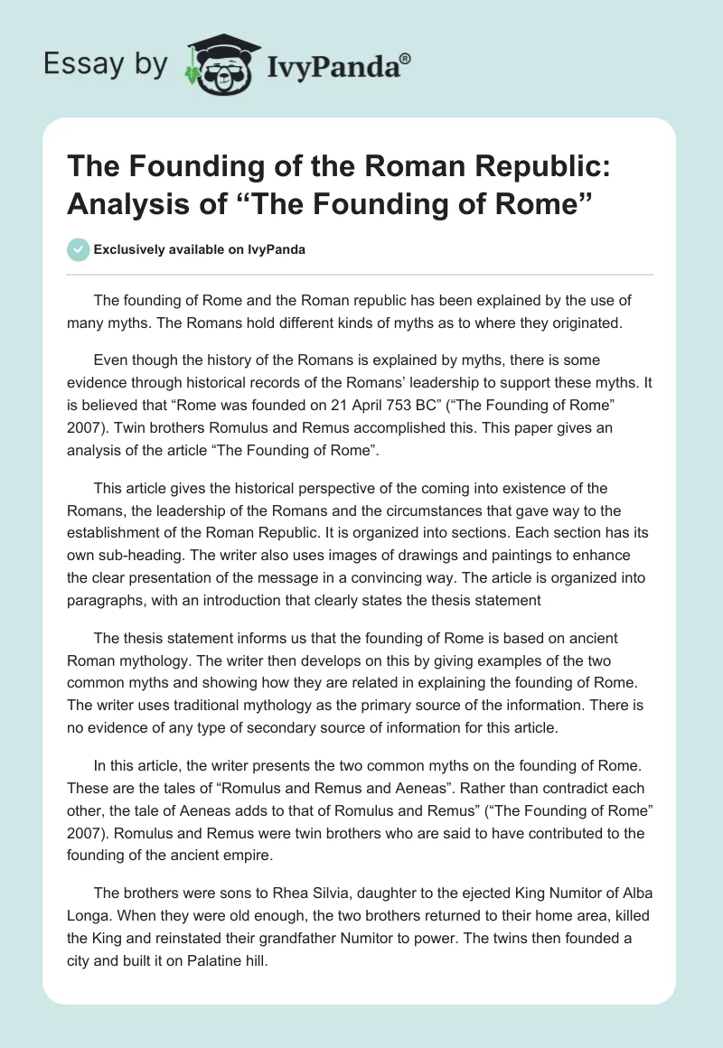 The Founding of the Roman Republic: Analysis of “The Founding of Rome”. Page 1