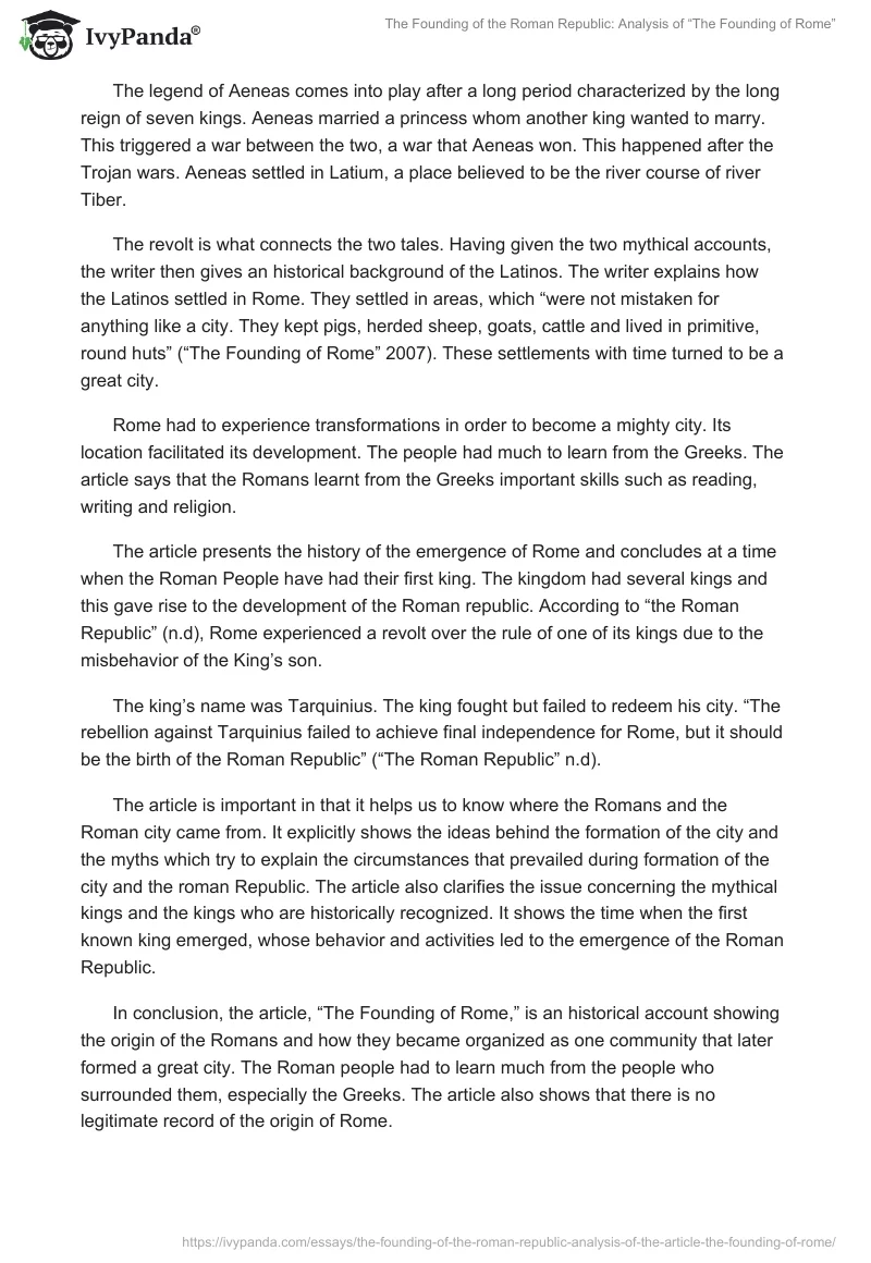 The Founding of the Roman Republic: Analysis of “The Founding of Rome”. Page 2