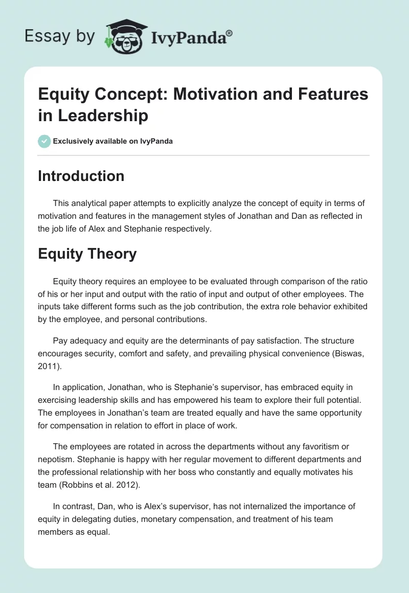Equity Concept: Motivation and Features in Leadership. Page 1
