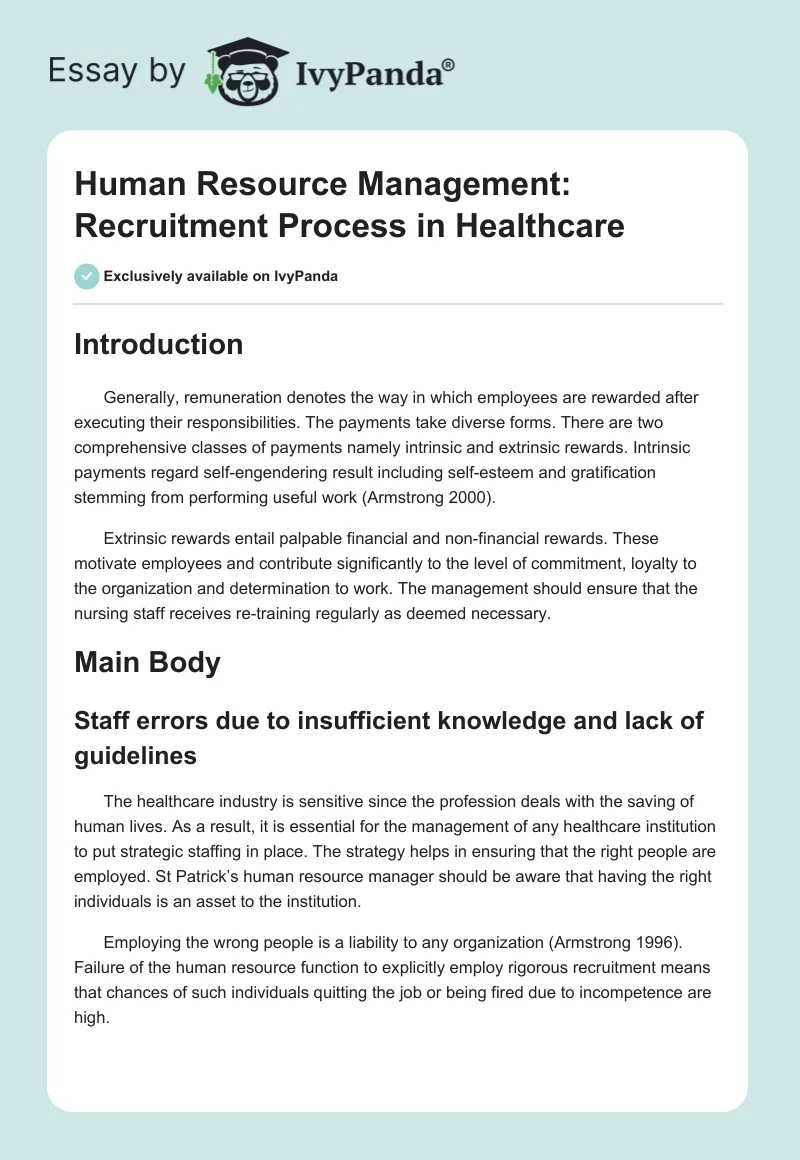 Human Resource Management: Recruitment Process in Healthcare. Page 1