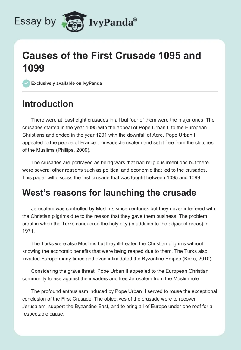 Causes of the First Crusade 1095 and 1099. Page 1