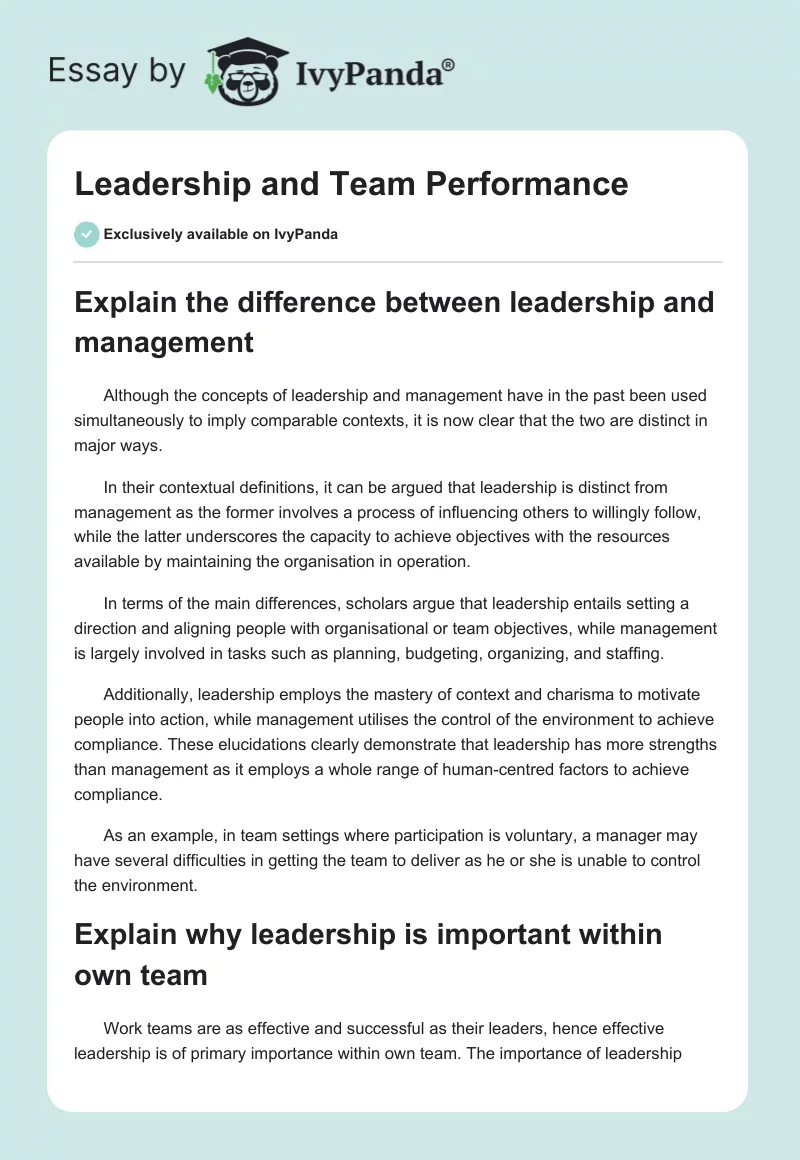 Leadership and Team Performance. Page 1