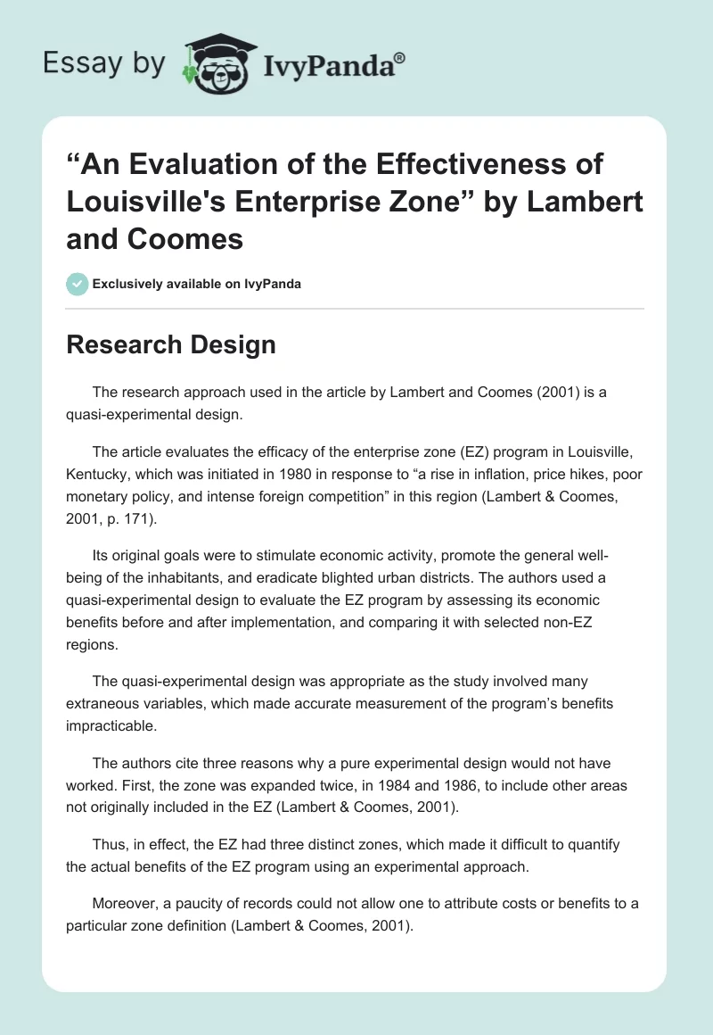 “An Evaluation of the Effectiveness of Louisville's Enterprise Zone” by Lambert and Coomes. Page 1