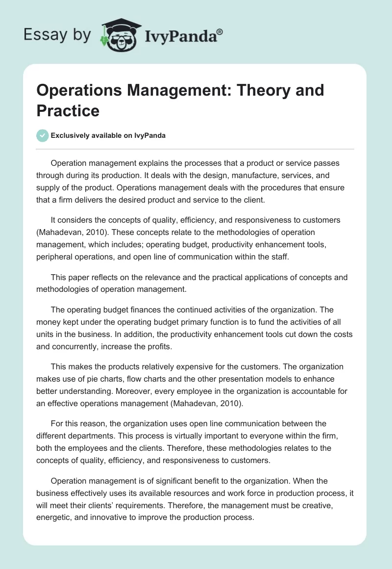 Operations Management: Theory and Practice. Page 1