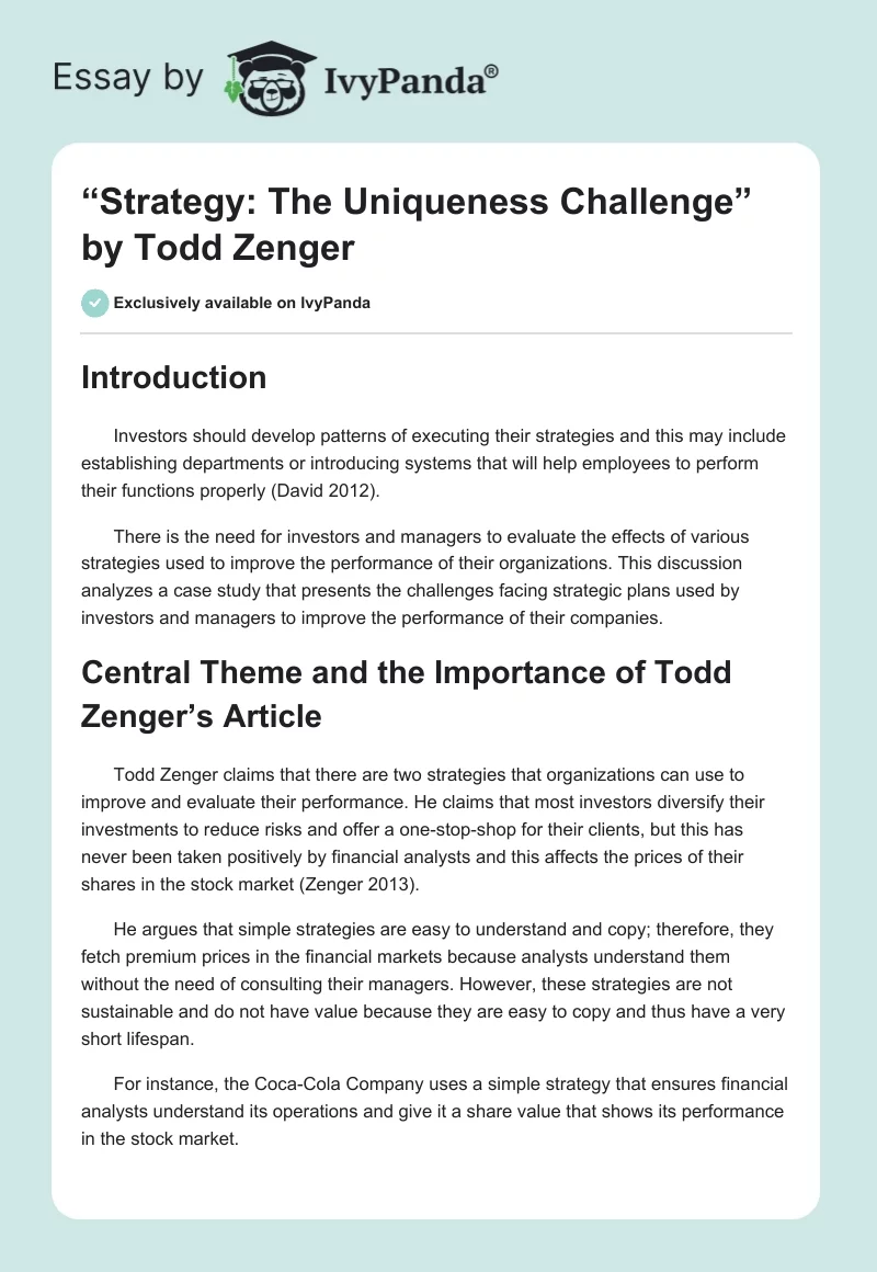 “Strategy: The Uniqueness Challenge” by Todd Zenger. Page 1