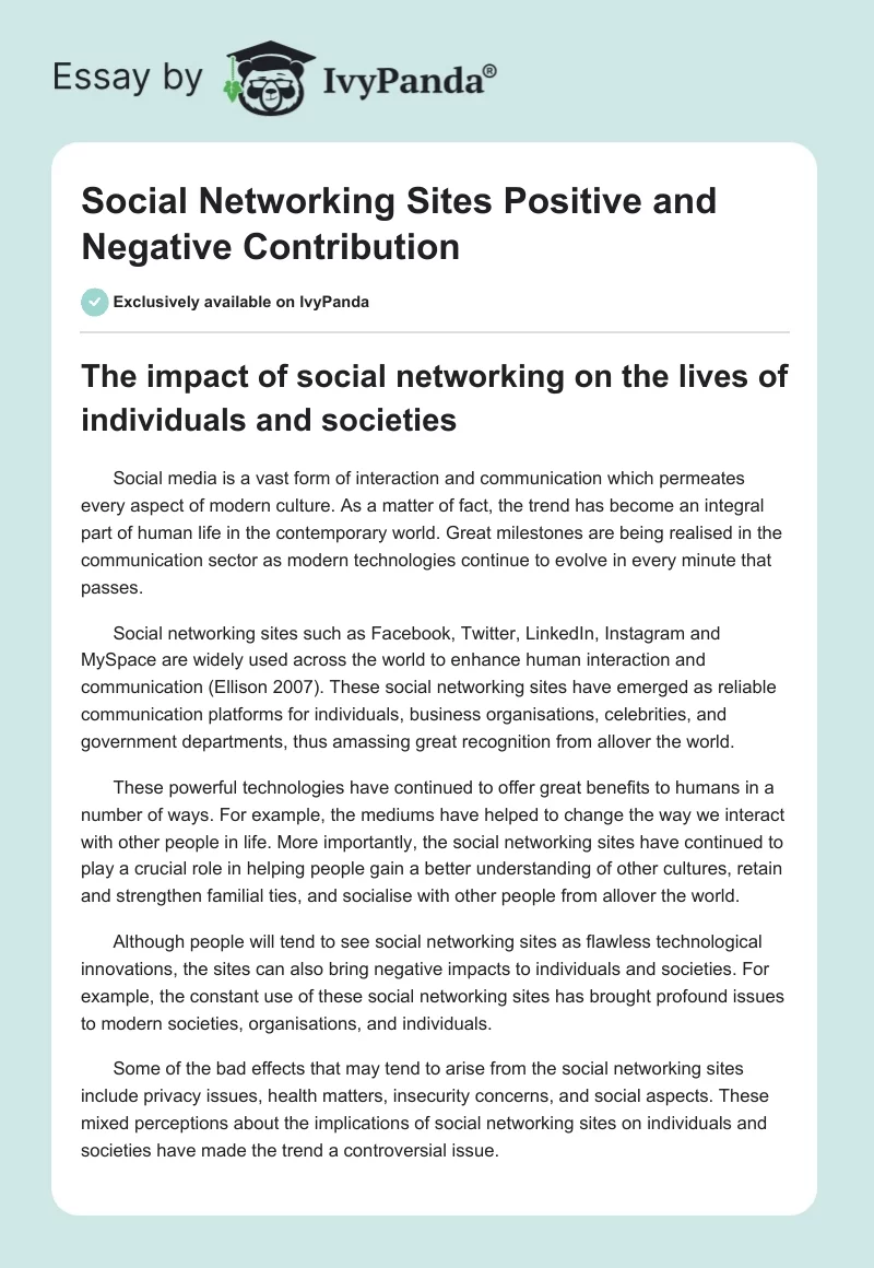 Social Networking Sites Positive and Negative Contribution. Page 1