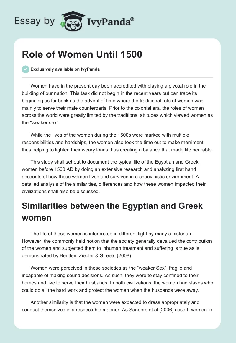 Role of Women Until 1500. Page 1