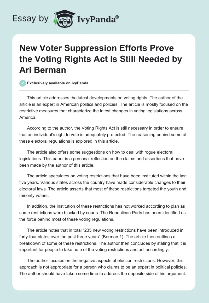 "New Voter Suppression Efforts Prove the Voting Rights Act Is Still Needed" by Ari Berman. Page 1