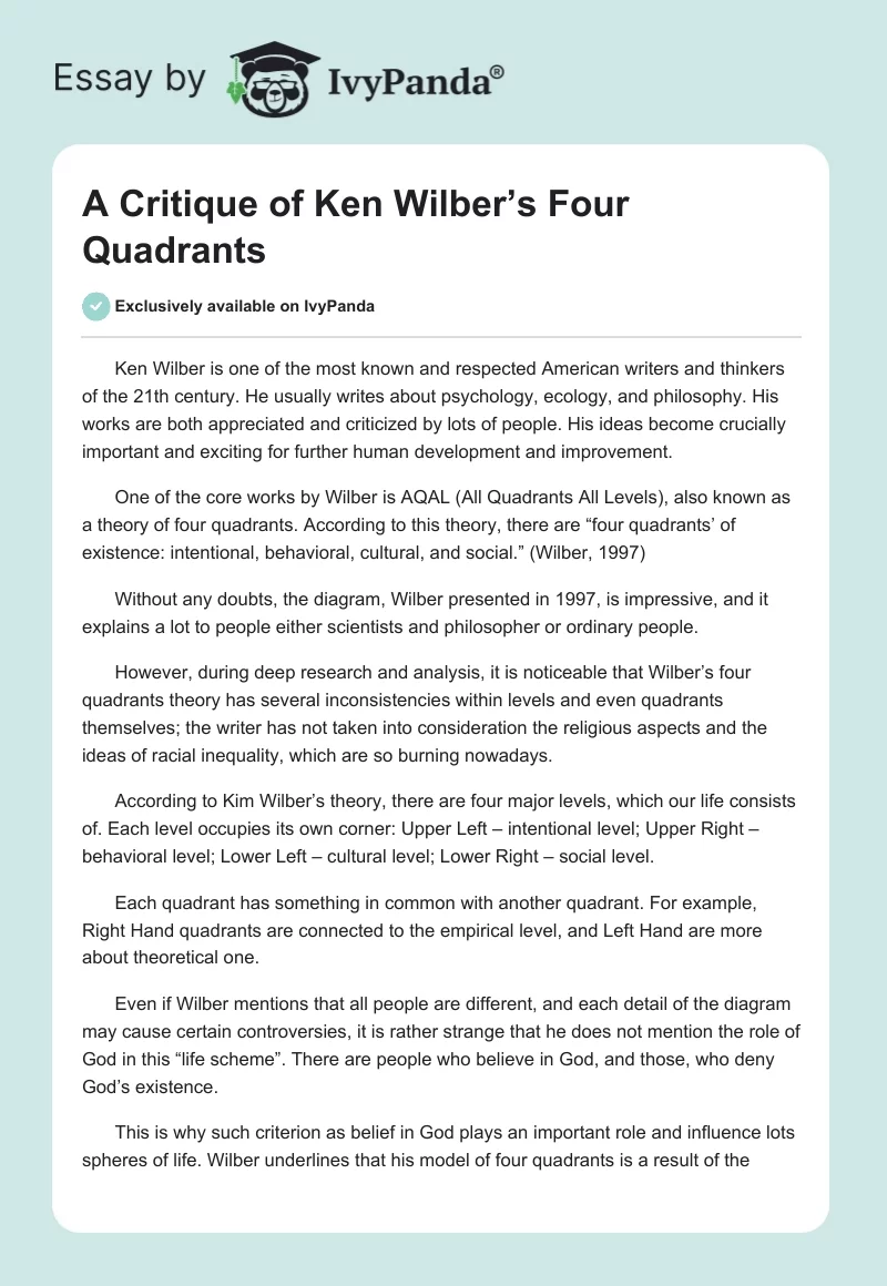 A Critique of Ken Wilber’s Four Quadrants. Page 1