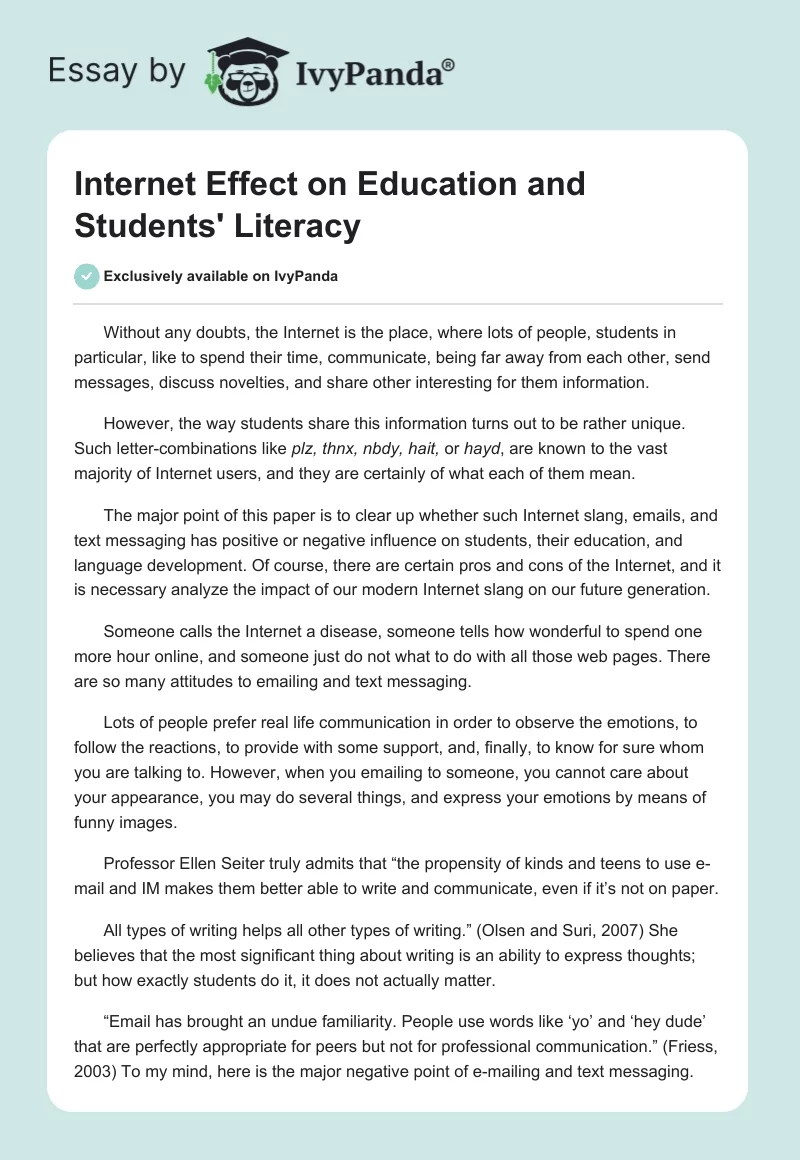 Internet Effect on Education and Students' Literacy. Page 1