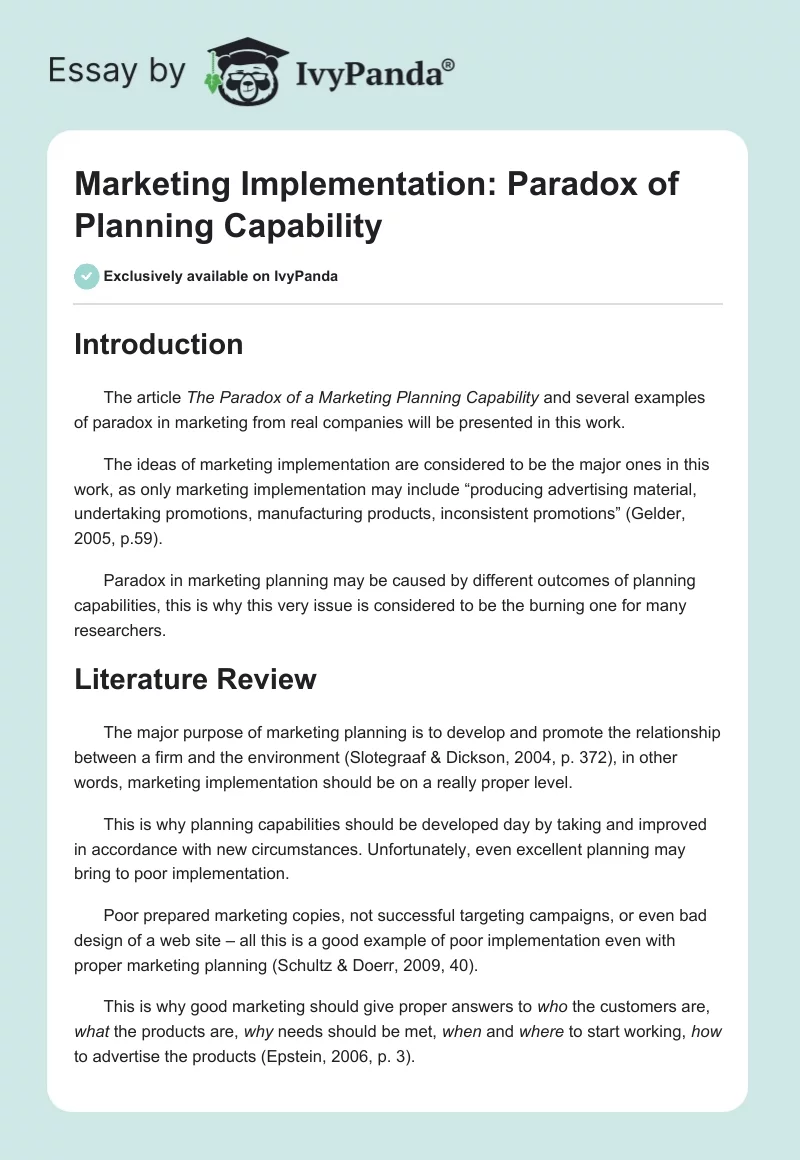 Marketing Implementation: Paradox of Planning Capability. Page 1