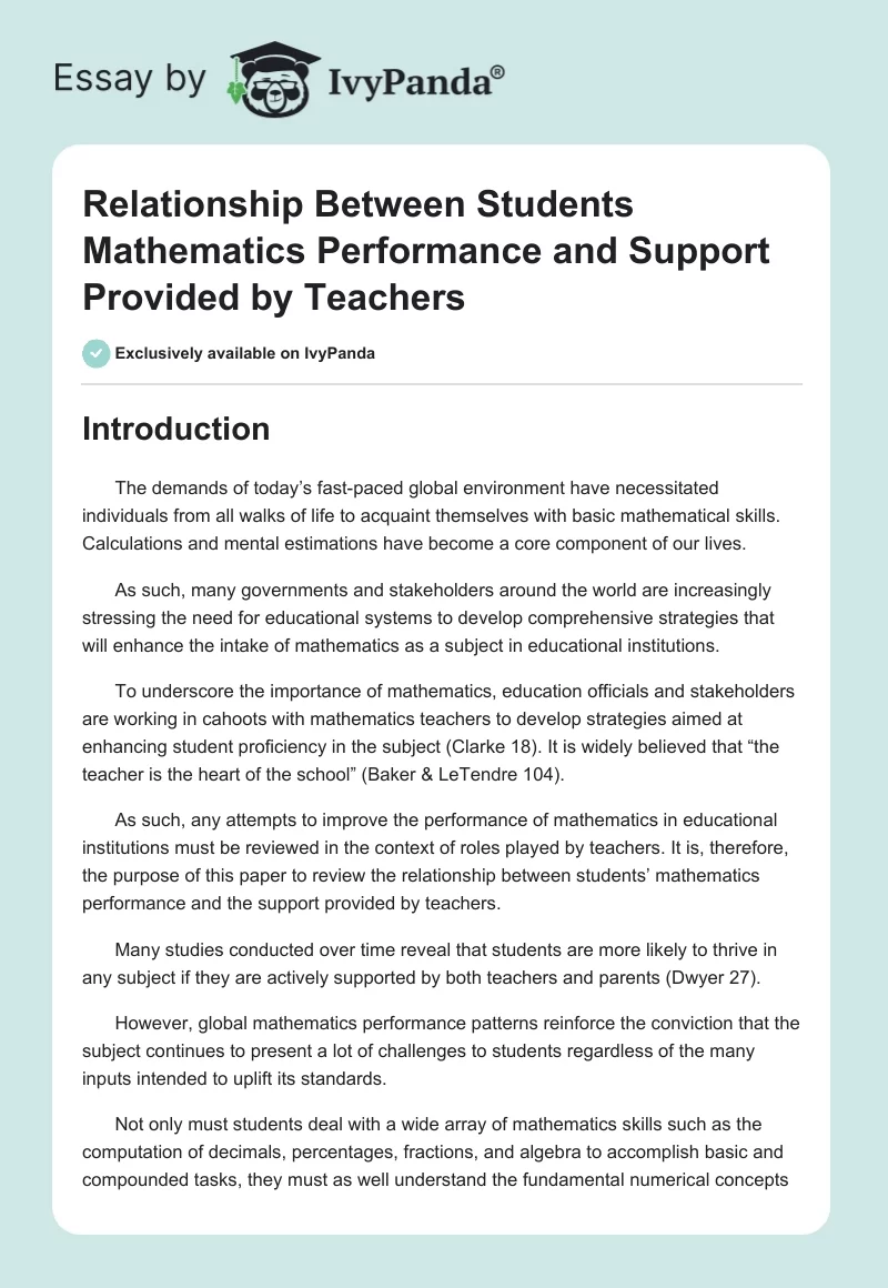 Relationship Between Students Mathematics Performance and Support Provided by Teachers. Page 1