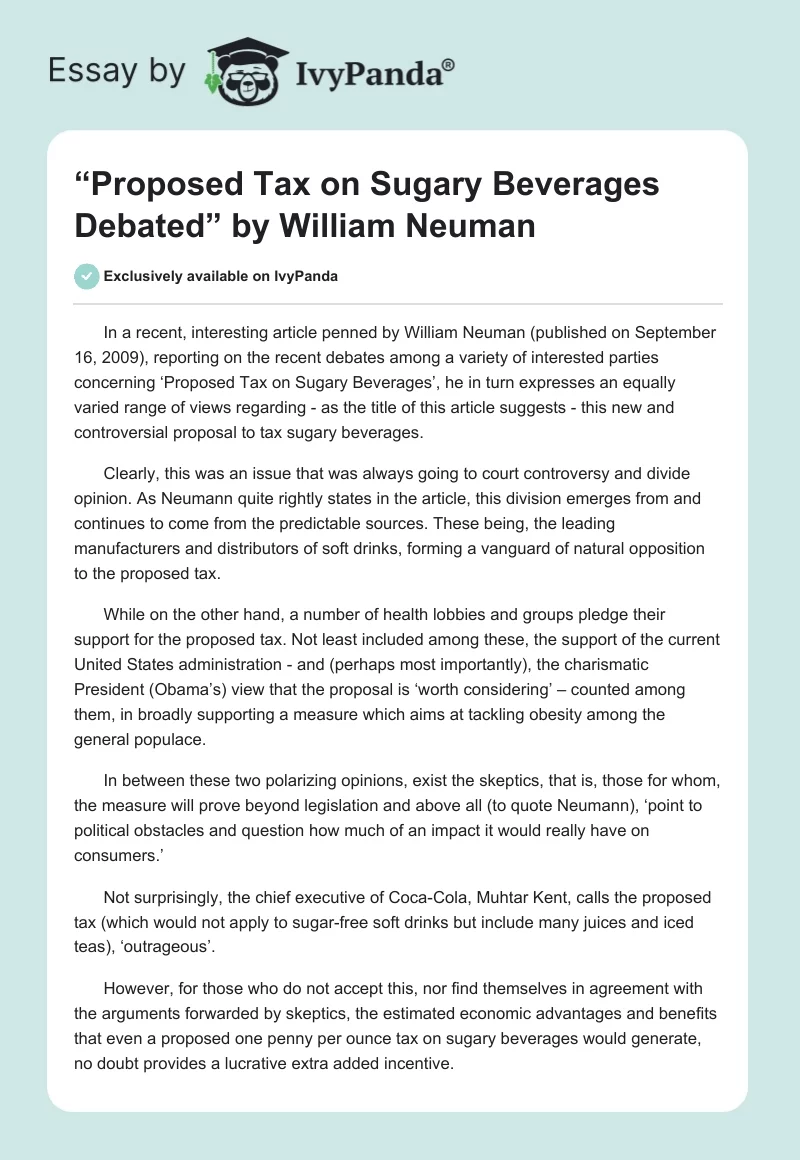 “Proposed Tax on Sugary Beverages Debated” by William Neuman. Page 1